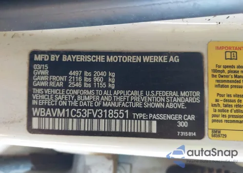 2015 BMW X1 Sdrive28I из США, поврежденный, VIN WBAVM1C53FV318551